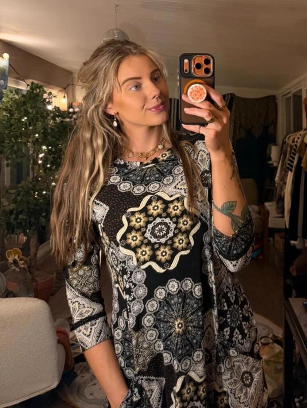 Black White and Gold Mandala Midi Dress Signature by Robbie Lee